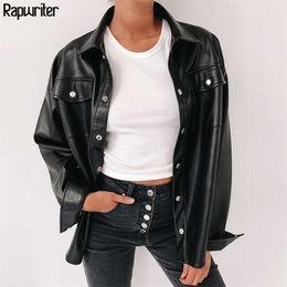 Women Black Leather Blouse Streetwear Metal Single Buttons Faux Pu Shirt Autumn Winter Casual Long Sleeve Tops 210510