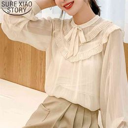 Fashion Women Blouses Long Sleeve Elegant Casual Tops and Bow Chiffon Solid Beige Ladies 5323 50 210506