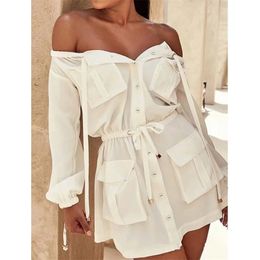 Casual White Cotton Dress Pockets Women Off Shoulder Long Sleeve Spring Summer Short Dress Button Up Dress Female Punk 210415