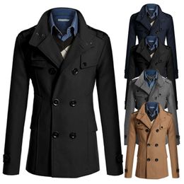 Mens Winter Warm Solid Colour Double Breasted Trench Coat Long Slim Jacket Business Coats for Men Overcoat 211011