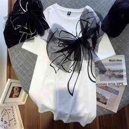 Summer Women Big Bow T-shirts Lady Loose Long White Tees Femme Lace Knot 210623