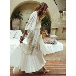 Summer Boho Women Maxi Half Sleeve Transparent Loose Sexy White Lace Long Tunic Beach Dress 210415