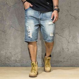 Summer Men's Loose Straight Ripped Denim Shorts High Quality Plus Size 40 42 44 Light Blue Hole Jeans Short Male Brand 210720