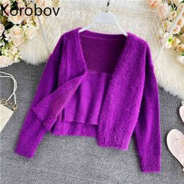 Korobov Autumn Winter New Chic V Neck Knitted 2 Pieces Sets Korean Tank Top and Cardigans Sweet Streetwear Female Suits 210430
