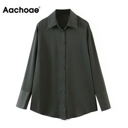Aachoae Solid Casual Blouse Women Long Sleeve Loose Female Shirt Turn Down Collar Office Wear Ladies Tops Tunic Blusa Mujer 210413