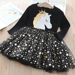 Children's Clothing Autumn Girls Dress Cartoon Long-sleeved Shirt Stitching Star Mesh Clothes 210515