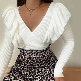 Sexy Women Sweaters Autumn Winter V-Neck Low Cut Ruffles Decor Long Sleeve Solid Colour Slim Pullovers Ladies White Knitted Tops 210412