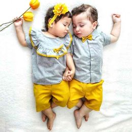 Summer Siblings Matching Clothes born Baby Sister Brother Sets Soft T Shirt &Yellow Shorts Outfits A0145 210724