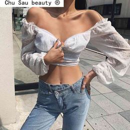 Spring French Romance Deep V-Neck Ruffle Crop Top Women Shirt Elegant Office Lady White Loose Slim Lace Mujer 210514