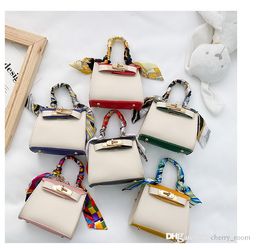 Children PU handbag Purse 2021 fall girls solid Colours silk scarves bowknot princess chain single shoulder bag tide Kids casual messenger bag F508