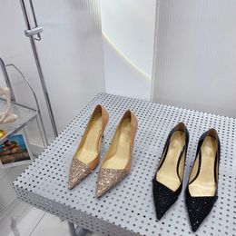 2022 early spring new sequin Shoes pointed toe high heels hollow stiletto leather shallow mouth single shoes women