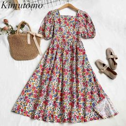 Kimutomo Summer Vintage Dress Sweet Floral Print Square Collar Short Puff Sleeve High Waist Split Vestidos Elegant 210521