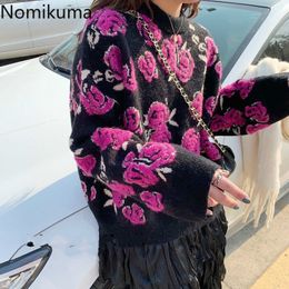 Nomikuma Autumn Winter Pull Femme Vintage Hit Colour Rose Jacquard Sweater Causal Long Sleeve O-neck Knitted Pullover 6C452 210427