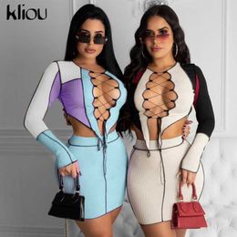 Kliou Hollow Out Ribbed Patchwork Matching Sets Women Sexy Lace Up Crop Top And Skirt Two Piece Outfits Skinny Party Clubwear X0709