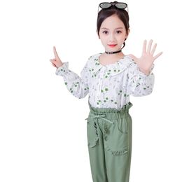 Kids Clothes Floral Blouses & Pants Suit For Girls Turn Down Collar Clothing Sets Autumn Casual Children's Suits 210527
