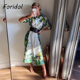 Print Boho Summer Satin Shirt Dress Robe Women Casual Loose Belt Maxi Long Sleeve Spring Silk Green Floral Beach 210427