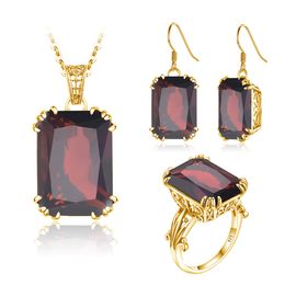 Women Jewellery Sets Solid 925 SIlver 14K Gold Colour Trend Rectangle 13*18mm Gemstone Ring Earrings Necklace Pendant For Wife Gift
