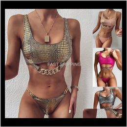 Women'S Swimwear Apparel Womens Sexy Bikini Push Up Padded Zipper Crop Top Bronzing Fabric Swimsuit Bathing Short Sleeve Suit Ih05I