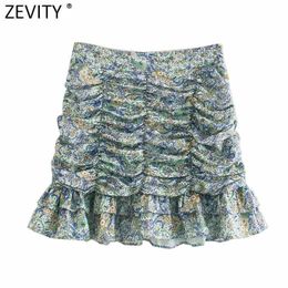 Zevity Women Vintage Cashew Nut Floral Print Hem Ruffles Casual Slim Pleated Skirt Faldas Mujer Femme Side Zipper Vestido QUN733 210603