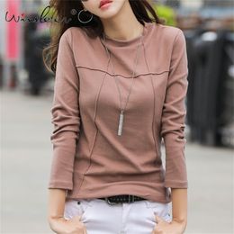 Spring Autumn Long Sleeve T shirt Women Brushed Cotton Solid Slim Tops Tee Stretchy Bottoming ropa mujer T9D191 210421