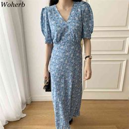 Vintage Summer Dress for Women V Neck Elegant Printed Blue Bodycon Vestidos High Waist Short Sleeve Korean Chic Dresses 210519