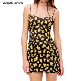 Women Sexy French Daisy Flower Spaghetti Strap Mini Dress Lady Slim fit Back Zipper Bodycon Sling Party 210429