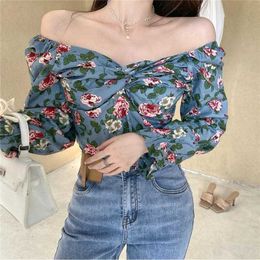 Vintage Puff Sleeve Floral Blouse Women Spring Slash Neck Chiffon Tops Female French Casual Ladies Sexy Party Clothes 210604