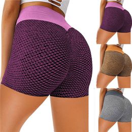 Women fitness shorts Capris Yoga Pants high waist jacquard honeycomb bubble tights pants