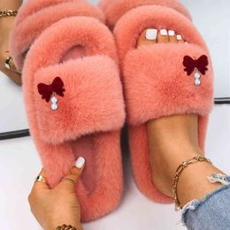 Women Sandals Female Furry Slippers Faux Fur Slides Girls Cute Bowknot Decor House Slippers Ladies Fluffy Flip Flops Brand Shoes Y220307