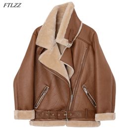 Winter Women Lambs Wool Jackets Fur Collar Zipper Parka Warm Thick Outerwear Faux Lamb Leather Jacket Coat 210430