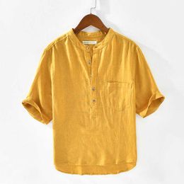 Pure Linen Short Sleeve Shirts for Men Single Pocket Casual Fashion Yellow White Tops Male Summer Pullover Clothing 210601