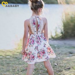 2-7Y Summer Flower Toddler Children Girls Dress Lace Backless Tutu Holiday Travel Beach Dresses For Girl Costumes 210515