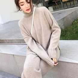 High Quality Pants Suit Autumn Winter Knitted Tracksuit Women Turtleneck Pullover Sweater + Set Fashion Casual 2 Piece 210514
