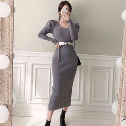 Winter Slim Temperament Long Skirt Knit Square Neck Bag Hip Split Sweater Dress 210514