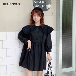 Japanese Lace Peter Pan Collar Dress Women Korean Lantern Sleeve Sweet Vestidos Oversized Black White Elegant High Waist Dresses 210520