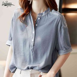 Summer Cotton Short Sleeve Women Shirts Casual Vintage Solid Blouse and Tops Plus Size Loose Female Clothing 14450 210508