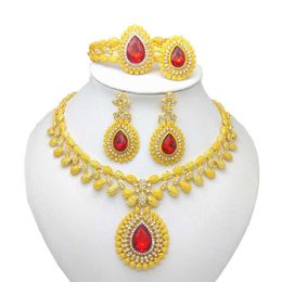 Kingdom Ma Nigerian Wedding Bridal African Gold Colour Jewellery Set Dubai Imitated Crystal Necklace Bracelet Earrings Ring Sets H1022