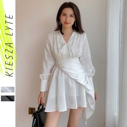 Women Blouse Shirt Dress Fashion Irregular Splicing Long Sleeve V Neck Mini Dresses Casual Female Shirts Robe Vestidos 210608