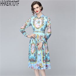 Spring Summer Runway Blue Pleated Dres turn down collar Long Sleeve Vinatge Conch Shell Flower Print 210531