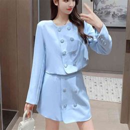 Korean Blue Casual Office Ladies Suits Formal Set Skirt And Top Work 2 Piece Women Blazer Slim Short Two 210514