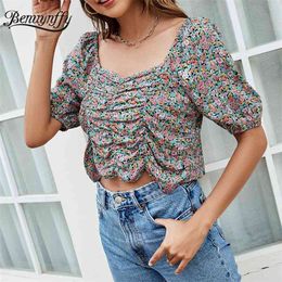 Sweetheart Neck Ruched Top Blouse Women Summer Short Sleeve Fashion Slim Casual Boho Print Crop Sweet Female 210510