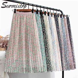 Spring Summer Long Tulle Skirt Women Korean Style Floral Mesh High Waist Aesthetic Maxi Pleated Female 210421