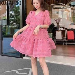Summer Sweet Sets 3D Floral Puff Sleeve V-neck A-line Dress + Basic Sling Dresses Korean Woman 2piece Suits 6H458 210603