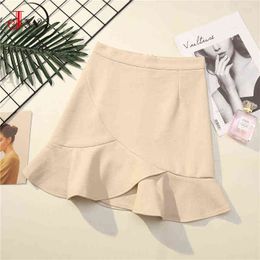 Sweet Ruffled Mini Women Spring Autumn Solid Slim High Waist Mermaid Bodycon Short Skirt Fashion Streetwear Y0824