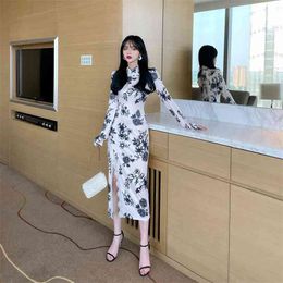 Spring Autumn Women's Dress Retro Chinese Style Lace Side Split Long Cheongsam Slim Sleeve Female es LL167 210506