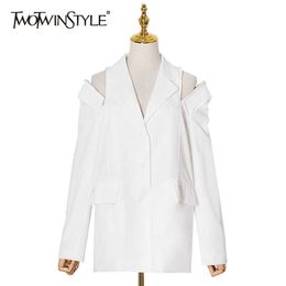 TWOTYLE Hollow Out Casual Blazer For Women Notched Long Sleeve White Chic Blazers Female Fashion Spring Clothing 210930