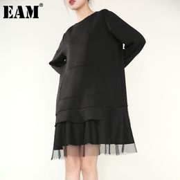 [EAM] Women Mesh Grey Ruffles Black Big Size Dress Round Neck Long Sleeve Loose Fit Fashion Spring Autumn 1DD482701 21512