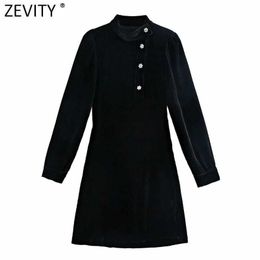 Zevity Women Stand Collar Diamond Buttons Decoration Casual Slim Black Velvet Dress Female Chic Party A Line Vestido DS5051 210603