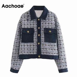 Aachoae Woollen Elegant Jacket Women Plaid Patchwork Short Tops Lady Batwing Sleeve Chic Pocket Coat Female Outwear Autumn Spring 210413