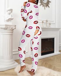 New Year Women's Functional Buttoned Flap Lips Mouth Printed Adults Pyjamas Suit Homewear Detachable Jumpsuits 210415